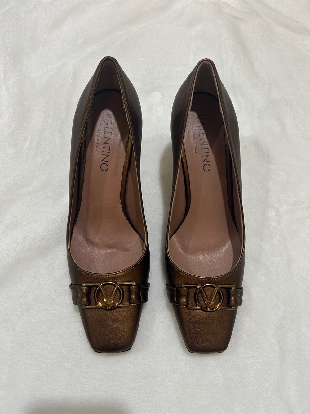 Valentino Metallic Bronze Leather Square-Toe Pumps with Logo Buckle